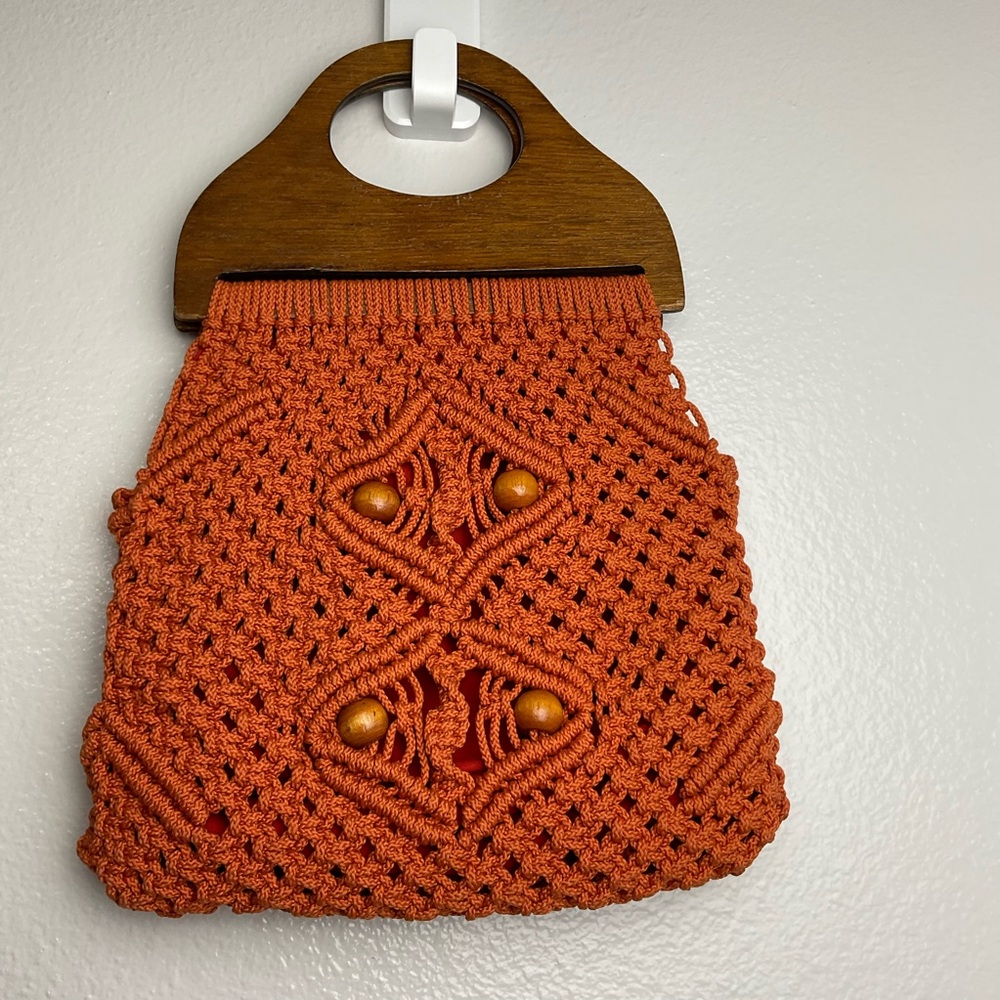 Mid century modern Orange Macramé Tote with Wooden Handle